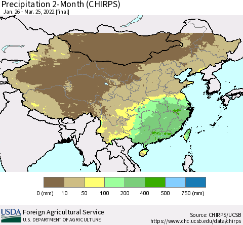 China, Mongolia and Taiwan Precipitation 2-Month (CHIRPS) Thematic Map For 1/26/2022 - 3/25/2022