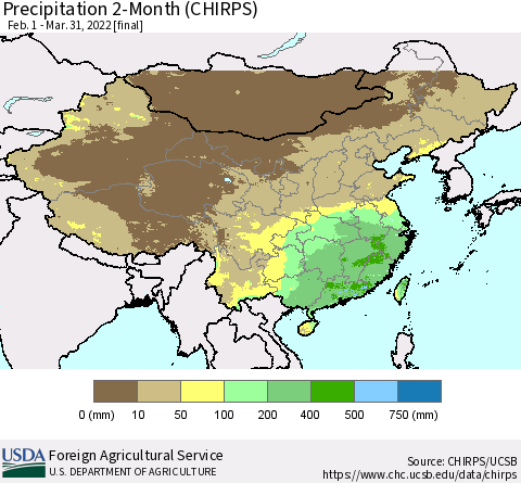 China, Mongolia and Taiwan Precipitation 2-Month (CHIRPS) Thematic Map For 2/1/2022 - 3/31/2022