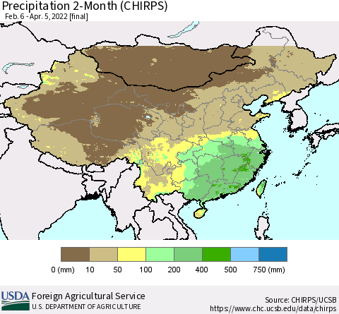 China, Mongolia and Taiwan Precipitation 2-Month (CHIRPS) Thematic Map For 2/6/2022 - 4/5/2022