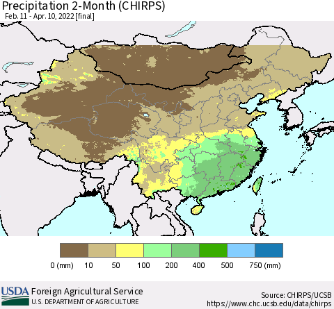 China, Mongolia and Taiwan Precipitation 2-Month (CHIRPS) Thematic Map For 2/11/2022 - 4/10/2022