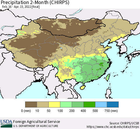 China, Mongolia and Taiwan Precipitation 2-Month (CHIRPS) Thematic Map For 2/16/2022 - 4/15/2022