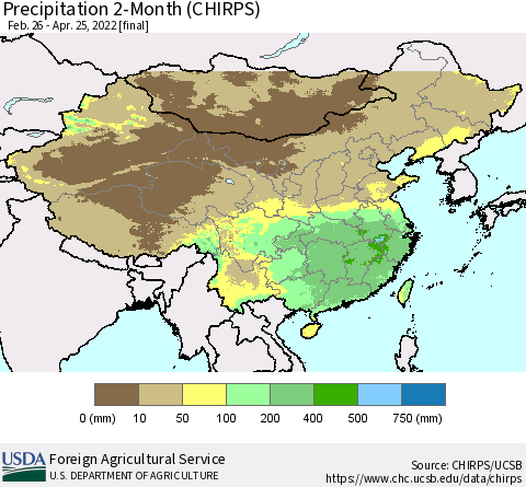 China, Mongolia and Taiwan Precipitation 2-Month (CHIRPS) Thematic Map For 2/26/2022 - 4/25/2022