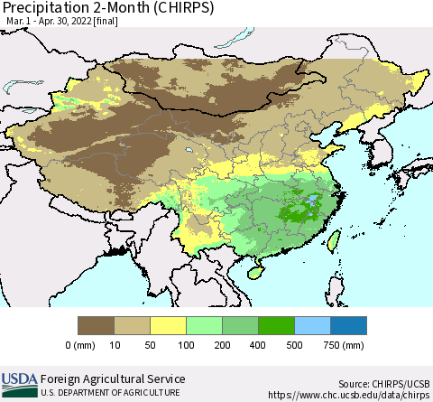 China, Mongolia and Taiwan Precipitation 2-Month (CHIRPS) Thematic Map For 3/1/2022 - 4/30/2022
