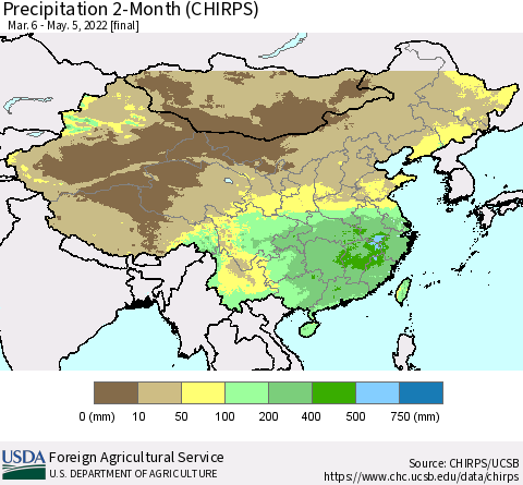 China, Mongolia and Taiwan Precipitation 2-Month (CHIRPS) Thematic Map For 3/6/2022 - 5/5/2022