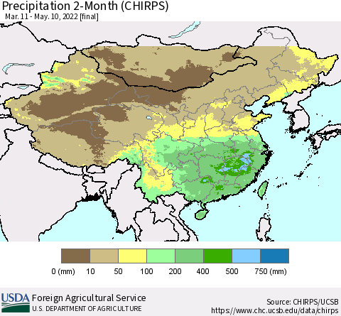 China, Mongolia and Taiwan Precipitation 2-Month (CHIRPS) Thematic Map For 3/11/2022 - 5/10/2022