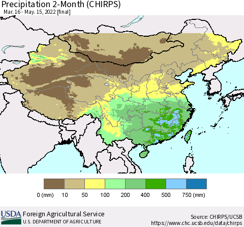 China, Mongolia and Taiwan Precipitation 2-Month (CHIRPS) Thematic Map For 3/16/2022 - 5/15/2022