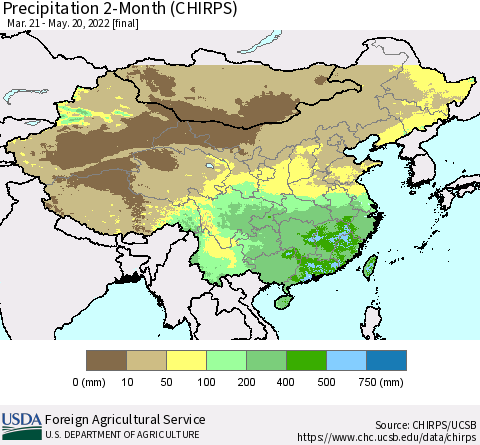 China, Mongolia and Taiwan Precipitation 2-Month (CHIRPS) Thematic Map For 3/21/2022 - 5/20/2022