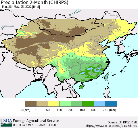 China, Mongolia and Taiwan Precipitation 2-Month (CHIRPS) Thematic Map For 3/26/2022 - 5/25/2022