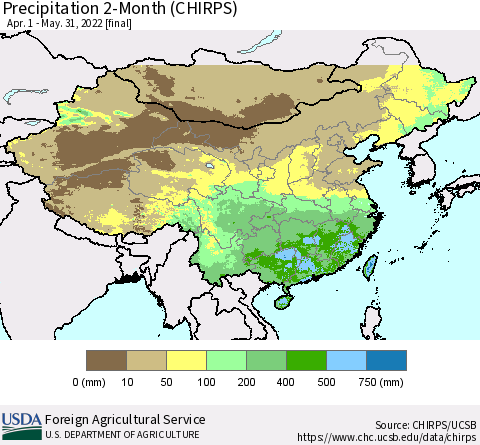 China, Mongolia and Taiwan Precipitation 2-Month (CHIRPS) Thematic Map For 4/1/2022 - 5/31/2022