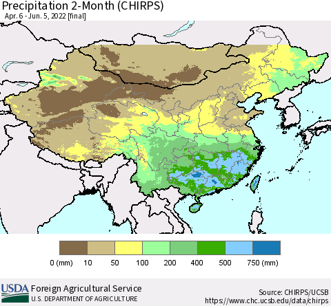 China, Mongolia and Taiwan Precipitation 2-Month (CHIRPS) Thematic Map For 4/6/2022 - 6/5/2022