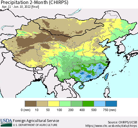 China, Mongolia and Taiwan Precipitation 2-Month (CHIRPS) Thematic Map For 4/11/2022 - 6/10/2022