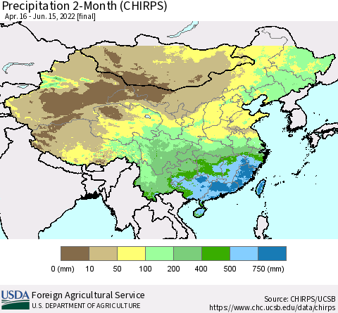 China, Mongolia and Taiwan Precipitation 2-Month (CHIRPS) Thematic Map For 4/16/2022 - 6/15/2022