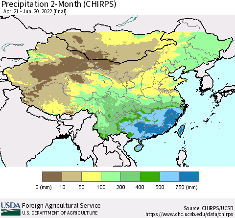 China, Mongolia and Taiwan Precipitation 2-Month (CHIRPS) Thematic Map For 4/21/2022 - 6/20/2022