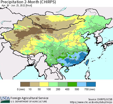 China, Mongolia and Taiwan Precipitation 2-Month (CHIRPS) Thematic Map For 4/26/2022 - 6/25/2022