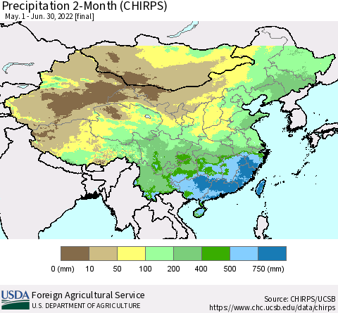 China, Mongolia and Taiwan Precipitation 2-Month (CHIRPS) Thematic Map For 5/1/2022 - 6/30/2022