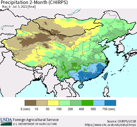 China, Mongolia and Taiwan Precipitation 2-Month (CHIRPS) Thematic Map For 5/6/2022 - 7/5/2022