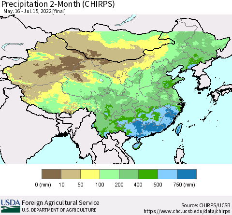 China, Mongolia and Taiwan Precipitation 2-Month (CHIRPS) Thematic Map For 5/16/2022 - 7/15/2022