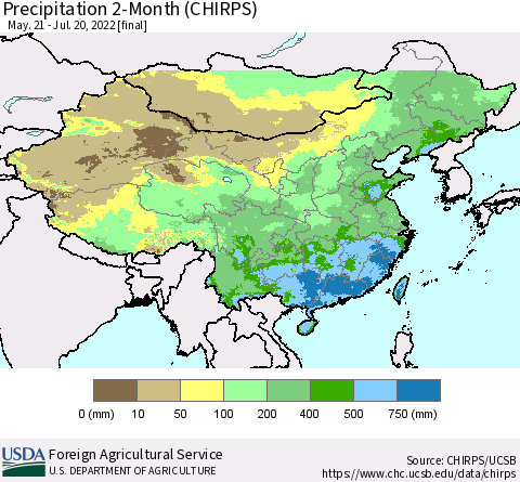 China, Mongolia and Taiwan Precipitation 2-Month (CHIRPS) Thematic Map For 5/21/2022 - 7/20/2022