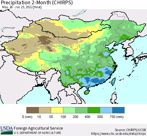 China, Mongolia and Taiwan Precipitation 2-Month (CHIRPS) Thematic Map For 5/26/2022 - 7/25/2022