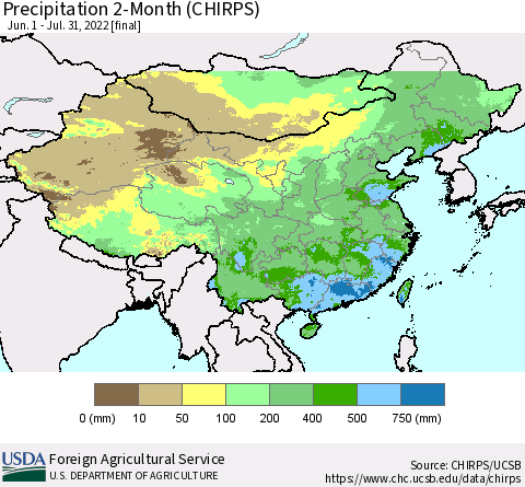 China, Mongolia and Taiwan Precipitation 2-Month (CHIRPS) Thematic Map For 6/1/2022 - 7/31/2022