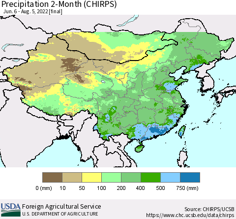China, Mongolia and Taiwan Precipitation 2-Month (CHIRPS) Thematic Map For 6/6/2022 - 8/5/2022