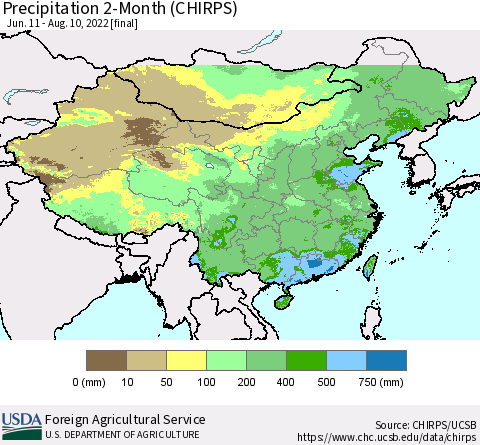 China, Mongolia and Taiwan Precipitation 2-Month (CHIRPS) Thematic Map For 6/11/2022 - 8/10/2022