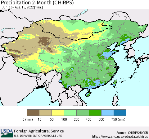 China, Mongolia and Taiwan Precipitation 2-Month (CHIRPS) Thematic Map For 6/16/2022 - 8/15/2022