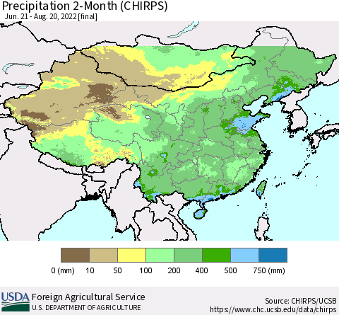 China, Mongolia and Taiwan Precipitation 2-Month (CHIRPS) Thematic Map For 6/21/2022 - 8/20/2022