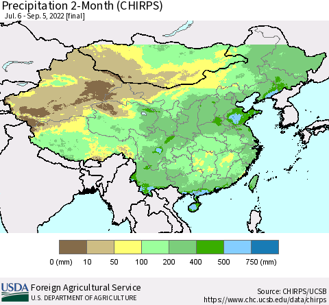 China, Mongolia and Taiwan Precipitation 2-Month (CHIRPS) Thematic Map For 7/6/2022 - 9/5/2022
