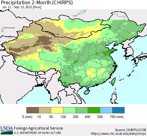 China, Mongolia and Taiwan Precipitation 2-Month (CHIRPS) Thematic Map For 7/11/2022 - 9/10/2022