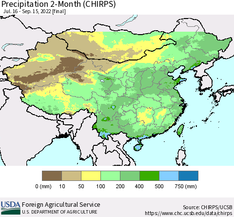 China, Mongolia and Taiwan Precipitation 2-Month (CHIRPS) Thematic Map For 7/16/2022 - 9/15/2022