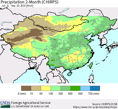 China, Mongolia and Taiwan Precipitation 2-Month (CHIRPS) Thematic Map For 7/21/2022 - 9/20/2022