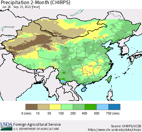 China, Mongolia and Taiwan Precipitation 2-Month (CHIRPS) Thematic Map For 7/26/2022 - 9/25/2022