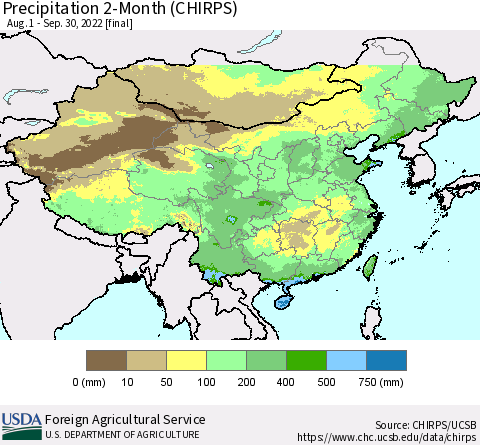 China, Mongolia and Taiwan Precipitation 2-Month (CHIRPS) Thematic Map For 8/1/2022 - 9/30/2022