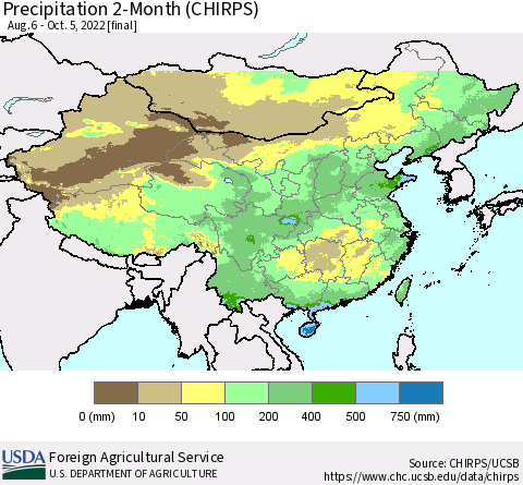 China, Mongolia and Taiwan Precipitation 2-Month (CHIRPS) Thematic Map For 8/6/2022 - 10/5/2022