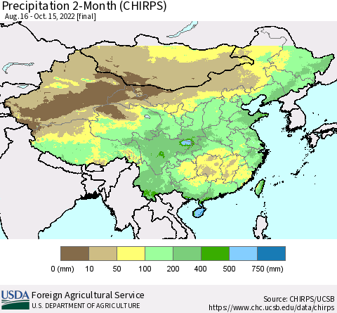 China, Mongolia and Taiwan Precipitation 2-Month (CHIRPS) Thematic Map For 8/16/2022 - 10/15/2022
