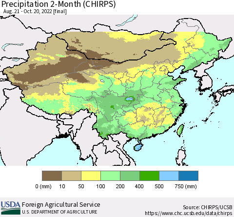China, Mongolia and Taiwan Precipitation 2-Month (CHIRPS) Thematic Map For 8/21/2022 - 10/20/2022