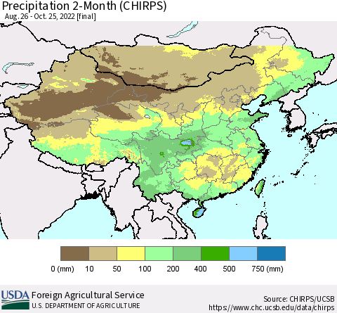 China, Mongolia and Taiwan Precipitation 2-Month (CHIRPS) Thematic Map For 8/26/2022 - 10/25/2022