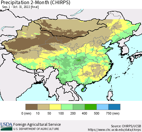 China, Mongolia and Taiwan Precipitation 2-Month (CHIRPS) Thematic Map For 9/1/2022 - 10/31/2022