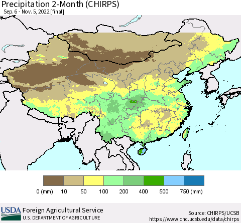 China, Mongolia and Taiwan Precipitation 2-Month (CHIRPS) Thematic Map For 9/6/2022 - 11/5/2022