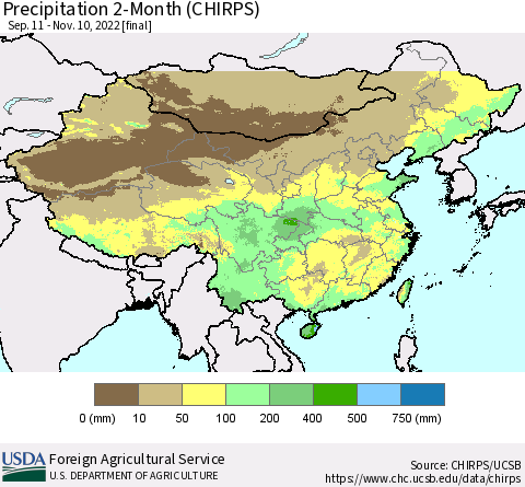China, Mongolia and Taiwan Precipitation 2-Month (CHIRPS) Thematic Map For 9/11/2022 - 11/10/2022