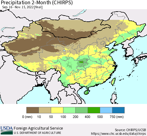 China, Mongolia and Taiwan Precipitation 2-Month (CHIRPS) Thematic Map For 9/16/2022 - 11/15/2022