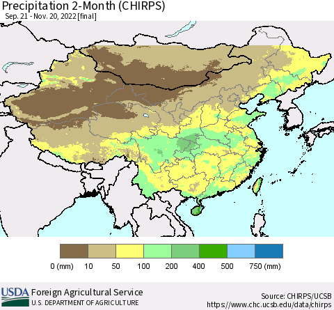 China, Mongolia and Taiwan Precipitation 2-Month (CHIRPS) Thematic Map For 9/21/2022 - 11/20/2022