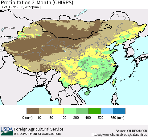China, Mongolia and Taiwan Precipitation 2-Month (CHIRPS) Thematic Map For 10/1/2022 - 11/30/2022