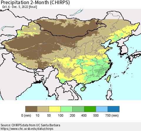 China, Mongolia and Taiwan Precipitation 2-Month (CHIRPS) Thematic Map For 10/6/2022 - 12/5/2022