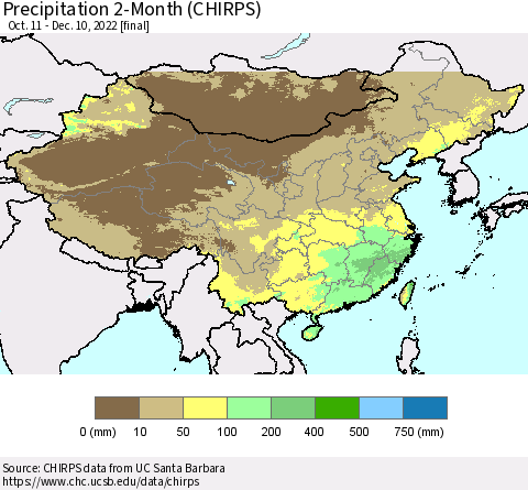 China, Mongolia and Taiwan Precipitation 2-Month (CHIRPS) Thematic Map For 10/11/2022 - 12/10/2022