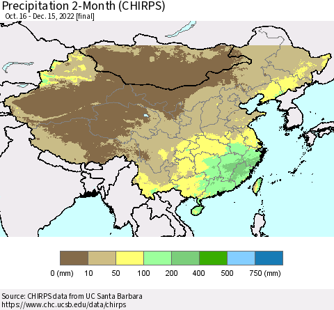 China, Mongolia and Taiwan Precipitation 2-Month (CHIRPS) Thematic Map For 10/16/2022 - 12/15/2022