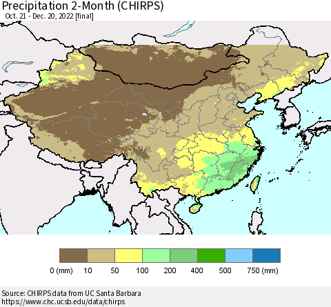 China, Mongolia and Taiwan Precipitation 2-Month (CHIRPS) Thematic Map For 10/21/2022 - 12/20/2022