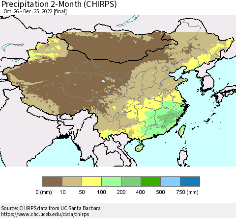 China, Mongolia and Taiwan Precipitation 2-Month (CHIRPS) Thematic Map For 10/26/2022 - 12/25/2022