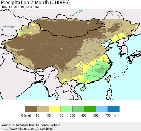 China, Mongolia and Taiwan Precipitation 2-Month (CHIRPS) Thematic Map For 11/11/2022 - 1/10/2023